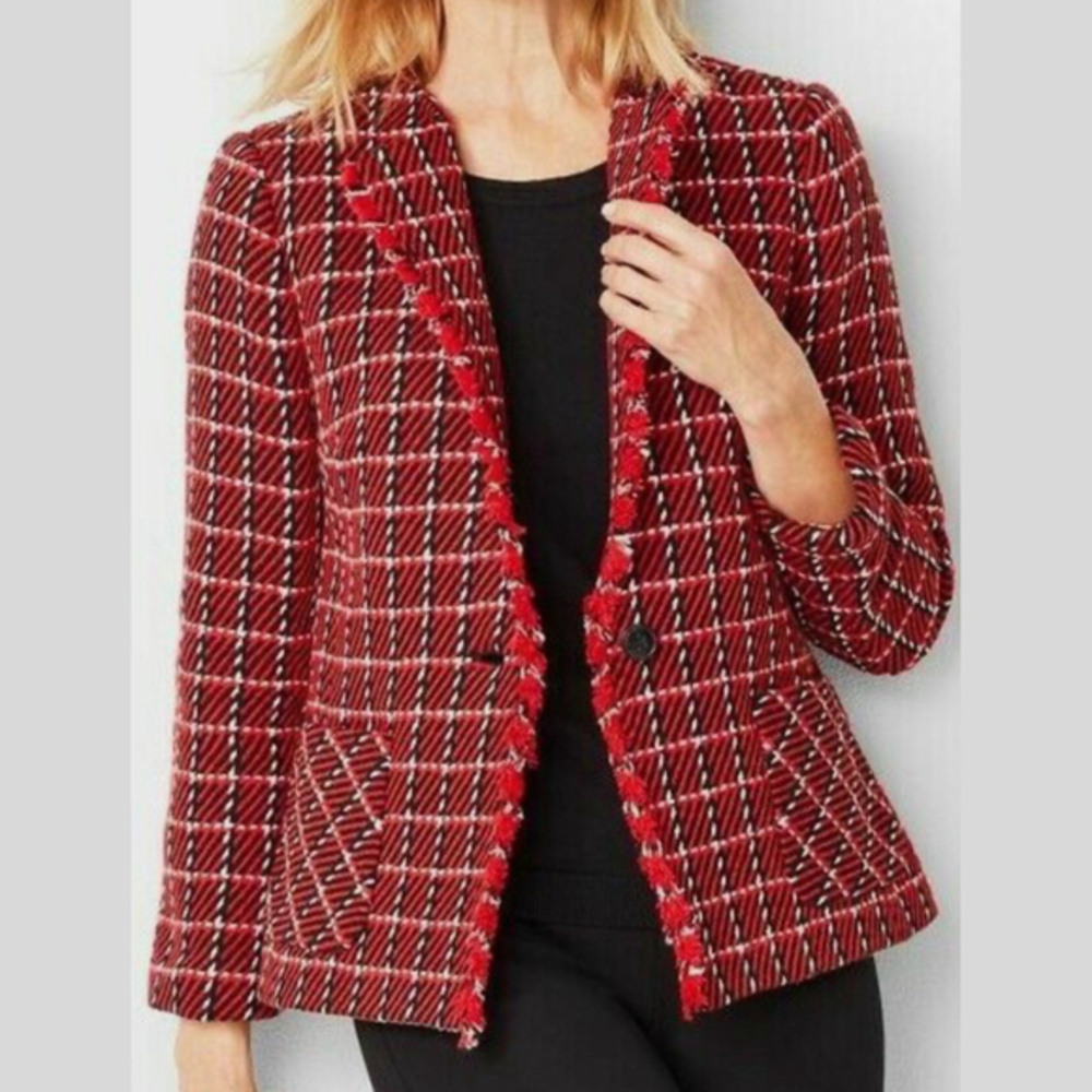 Talbots Blazer Women’s Size 6 Red Black Tweed Button Front Fringe Trim NWOT